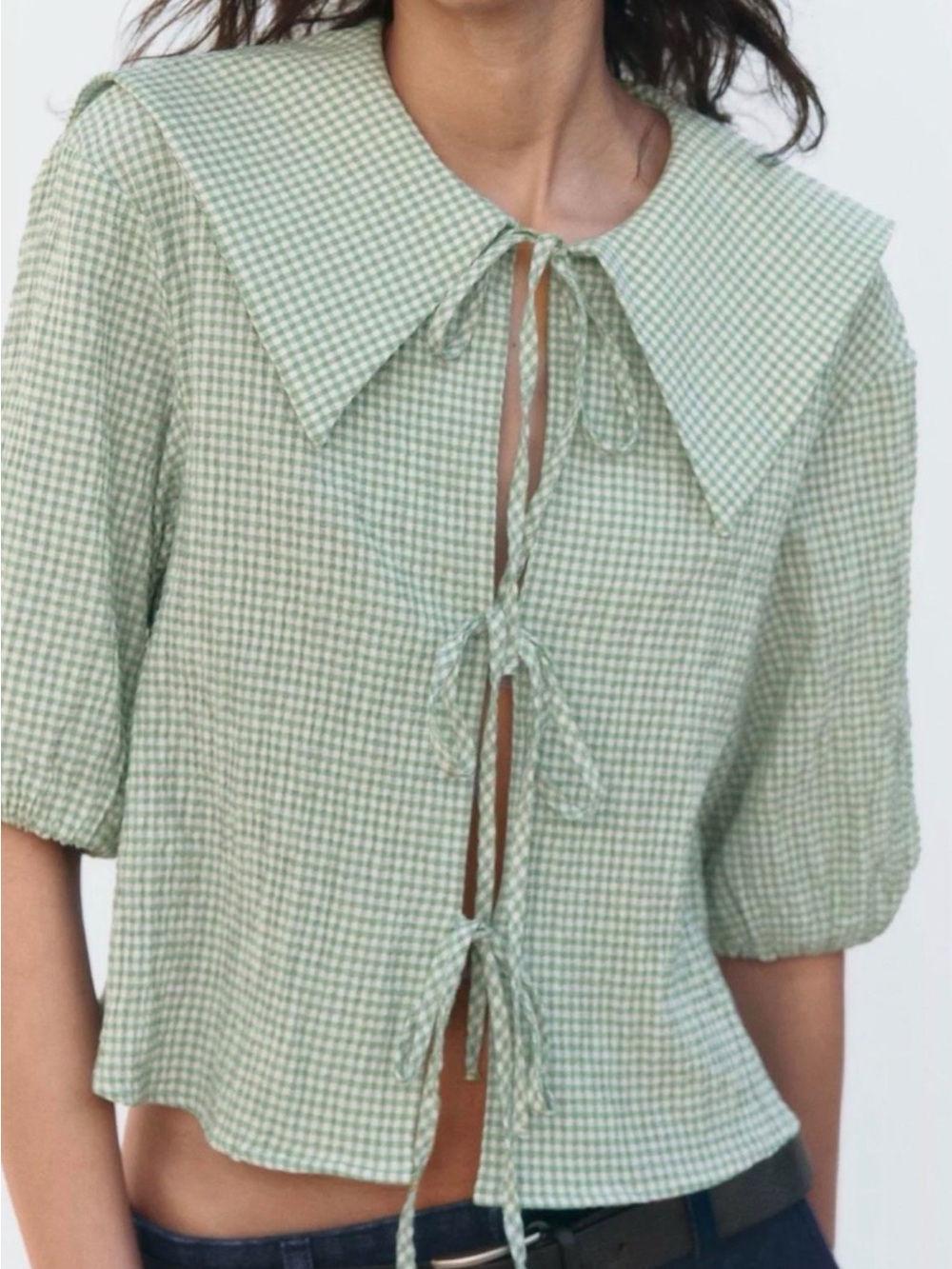 Zara Green Checkered Blouse with Tie-Front